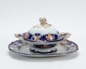 FLOW BLUE & GILT COVERED VEGET