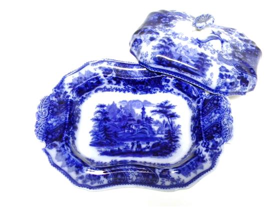 Flow blue oblong covered dish on