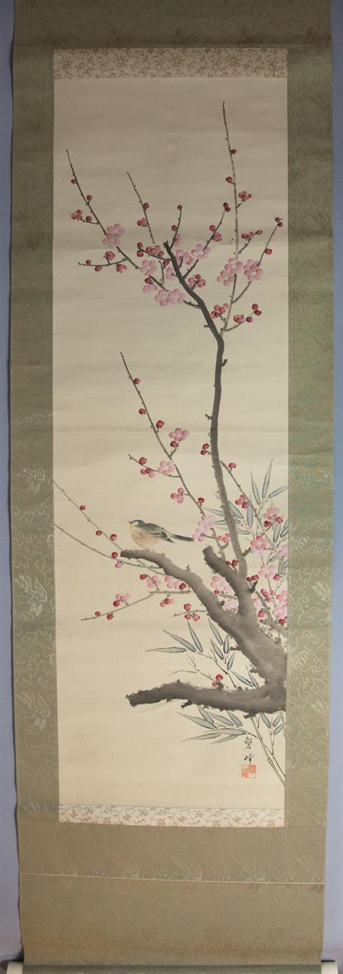 FLOWERING PRUNUS AND SPARROW