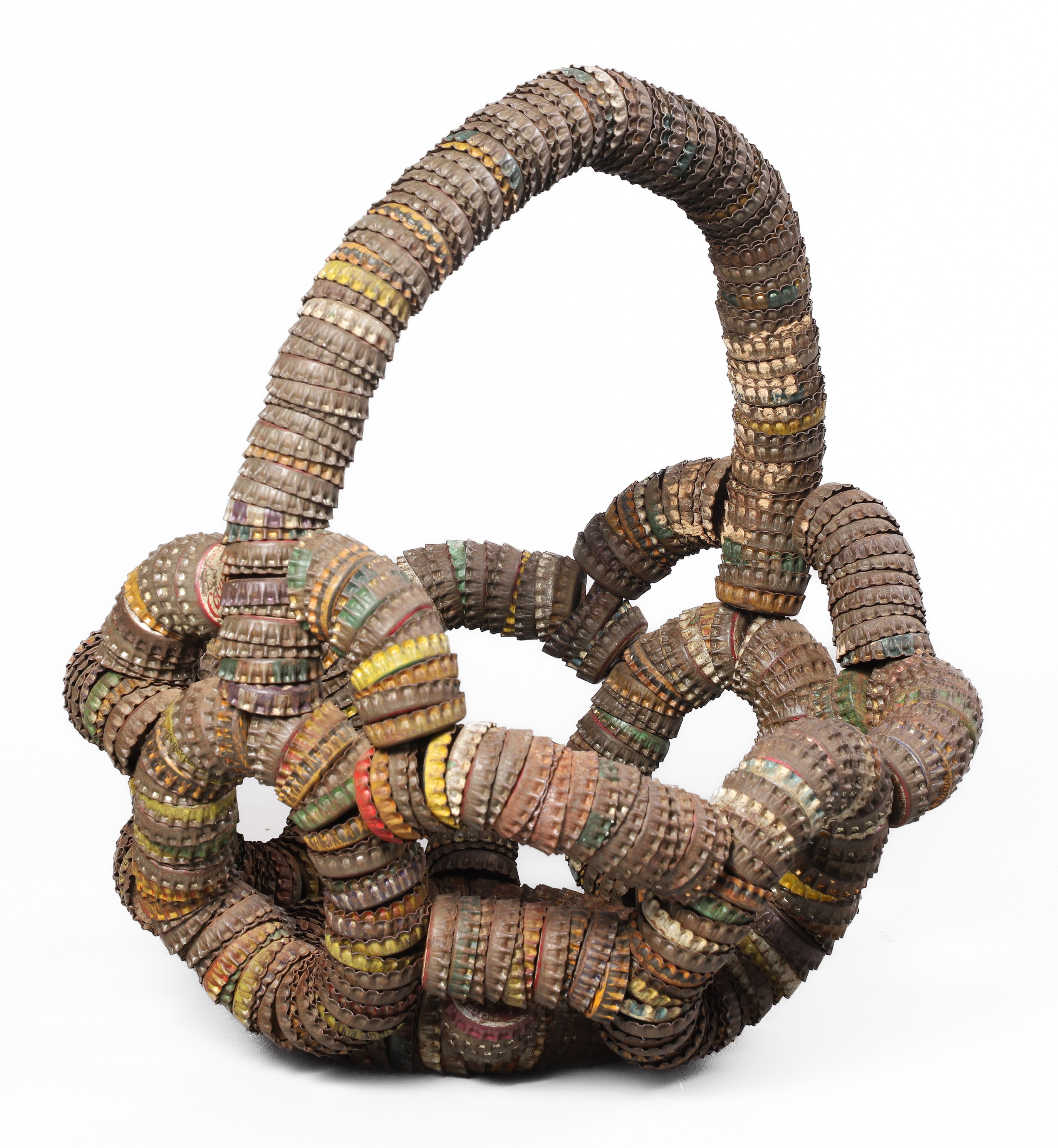 Folk art bottle cap basket, 10" dia