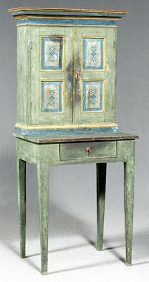 Folk art cabinet on stand, two door