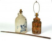 FOLK ART CANE AND TWO LAMPS.