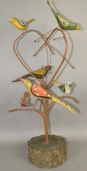 FOLK ART CARVED 6 BIRD TREE BY