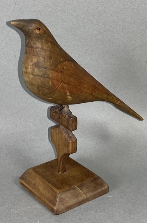 FOLK ART CARVED BIRD ON STAND CA.