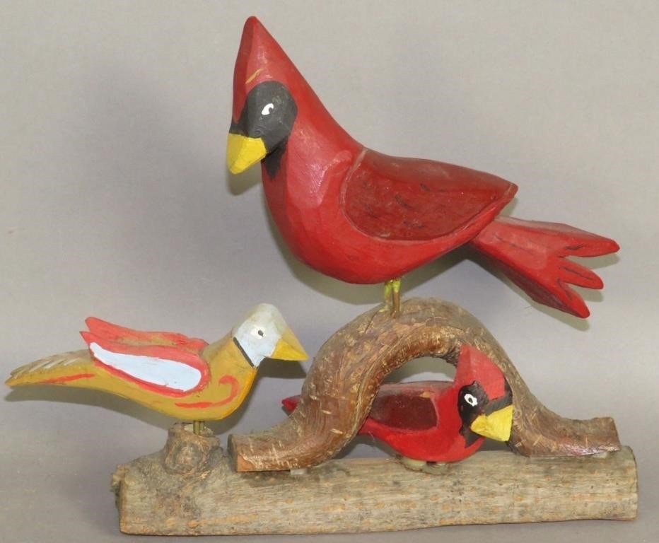 FOLK ART CARVED BIRDS ON TREE