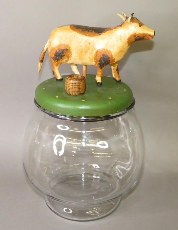 FOLK ART CARVED GOAT/COW TOPPED JAR