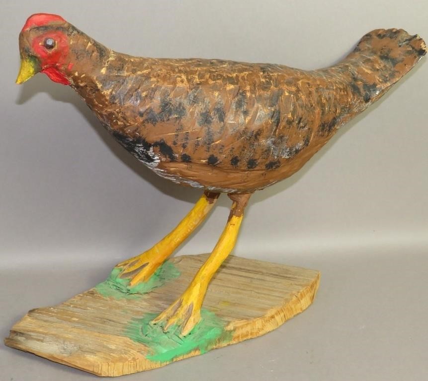 FOLK ART CARVED HEN BY FRANK P.