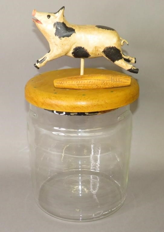 FOLK ART CARVED PIG TOPPED JAR BY