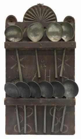 FOLK ART CARVED SPOON RACK & PEWTER