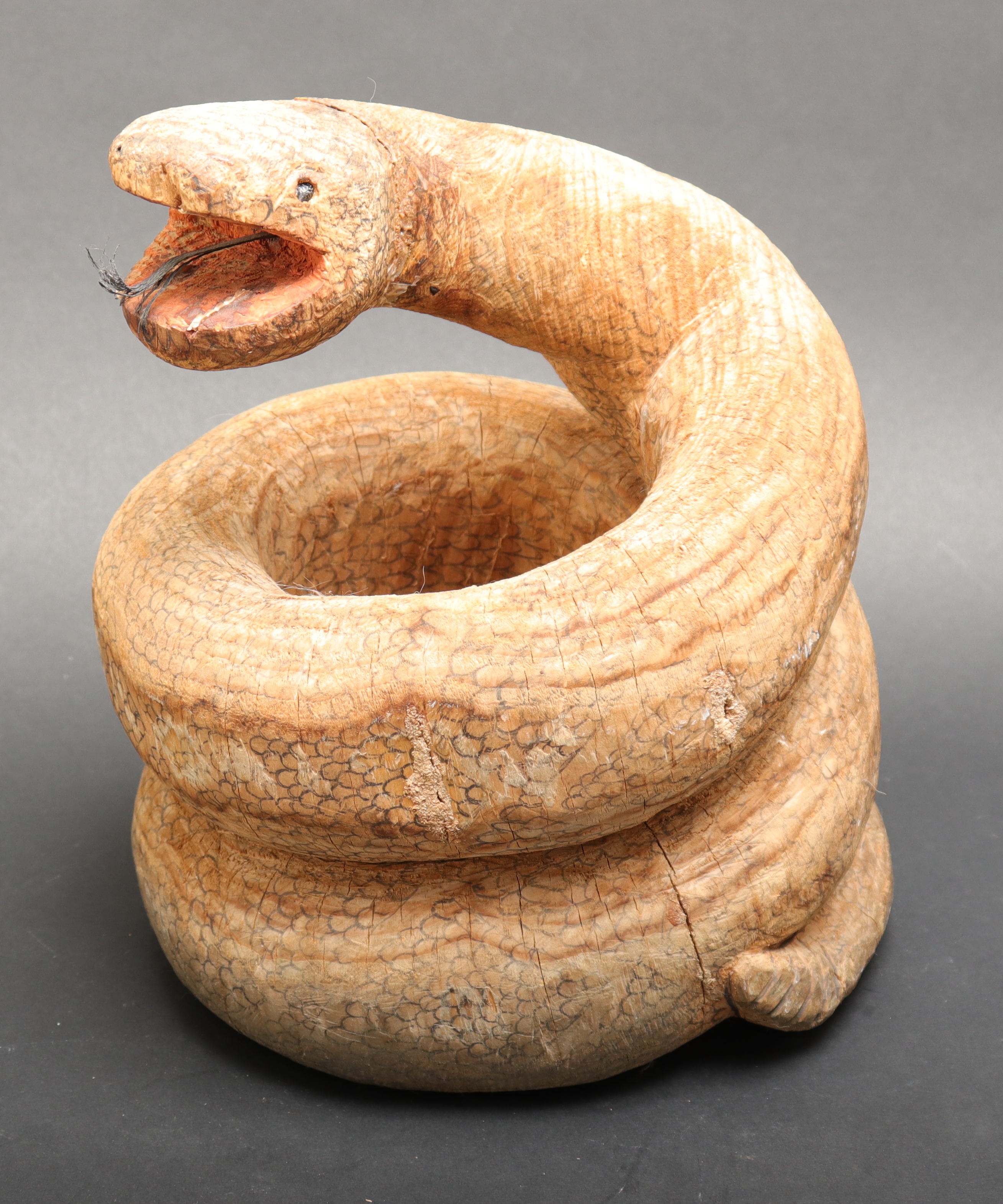 FOLK ART CARVED WOOD COILED SNAKE