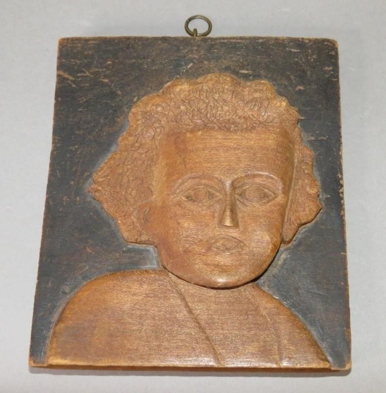 FOLK ART CARVED WOOD PORTRAIT OF