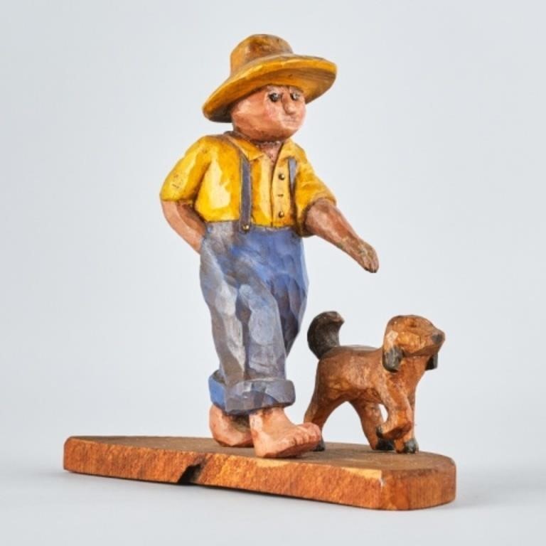 FOLK ART CARVING OF BOY & DOGA