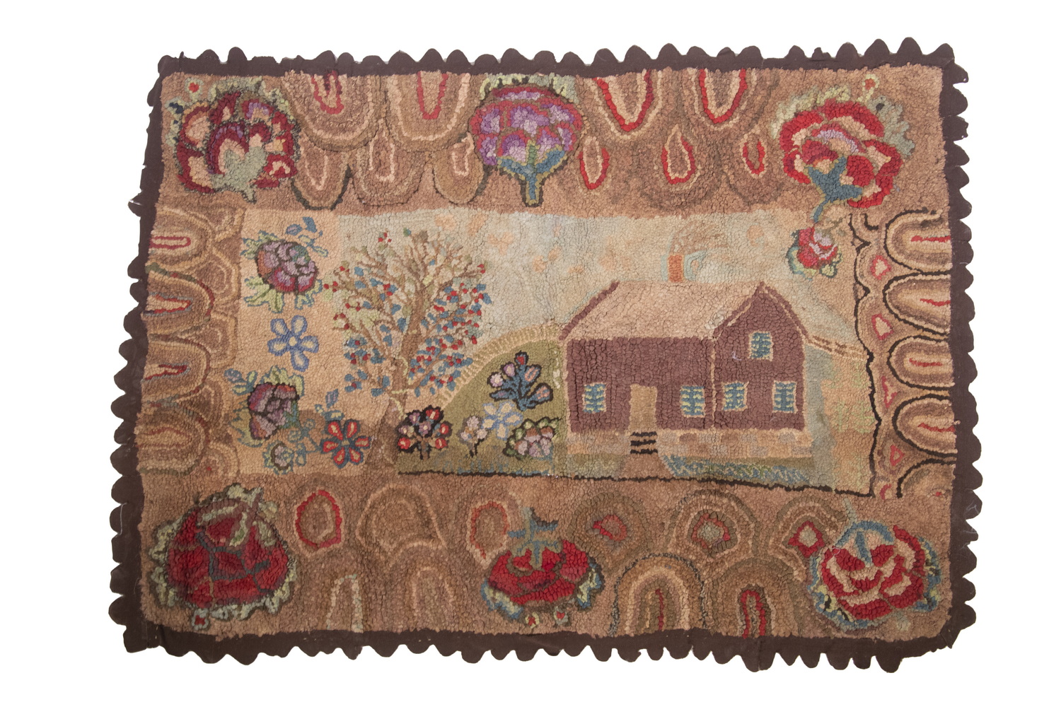 FOLK ART HOOKED RUG WITH COTTAGE