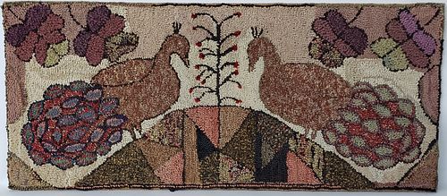 FOLK ART HOOKED RUG WITH TWO