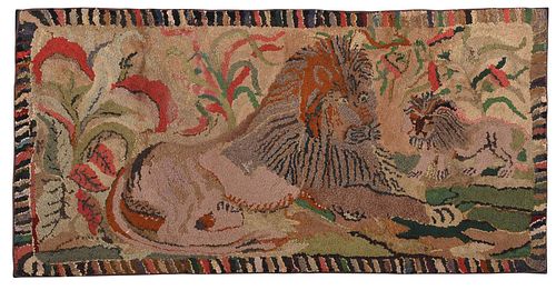 FOLK ART LION HOOKED RUG MOUNTED ON
