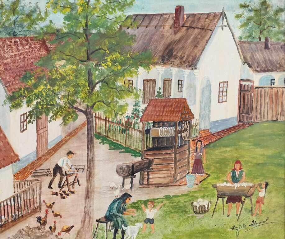 FOLK ART OIL ON MASONITE DAILY LIFE