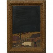 Folk Art Oil Painting of Farm