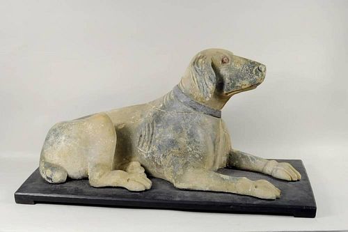 FOLK ART PAINTED WOOD RECLINING DOG