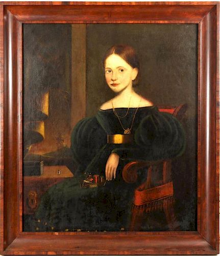 FOLK ART PAINTING YOUNG GIRL SEWING