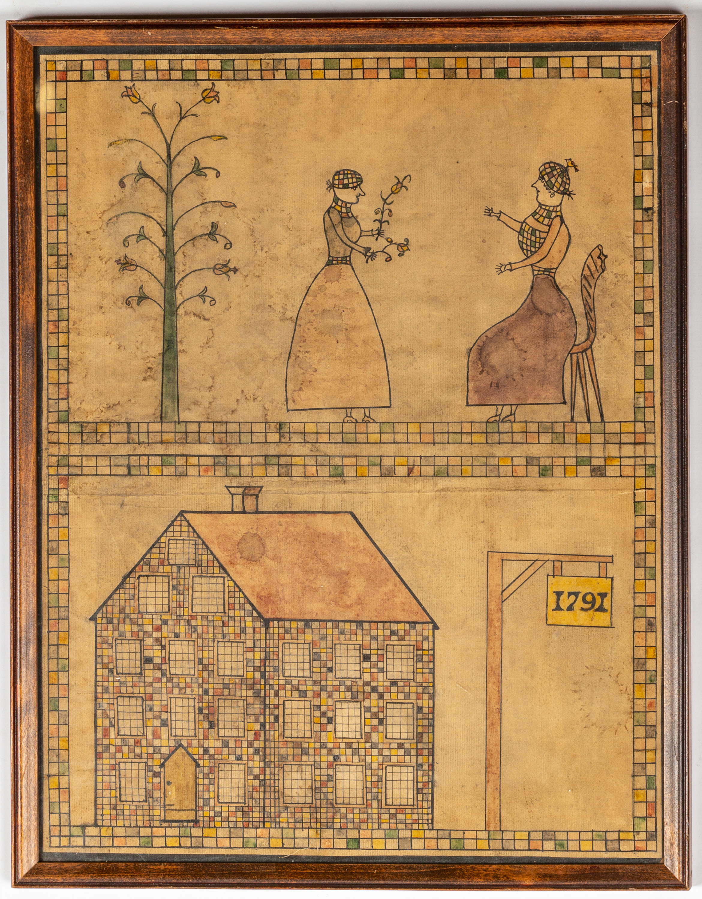 FOLK ART WATERCOLOR Dated 1791,