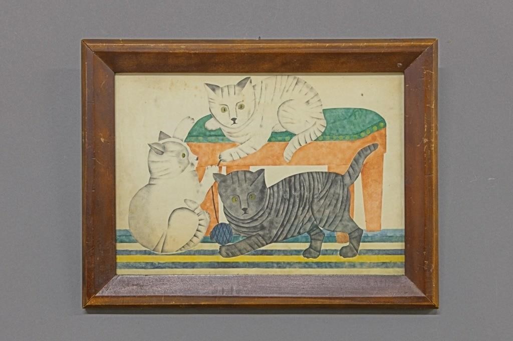 Folk Art watercolor of cats, 19th