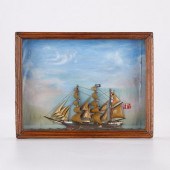 FOLK ART WOODEN SHIP DIORAMA W