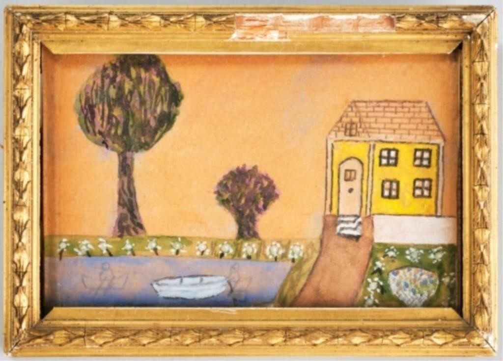 FOLK PAINTING OF YELLOW HOUSEA