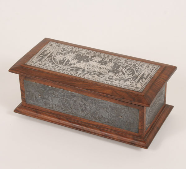 Footed wooden box with metal