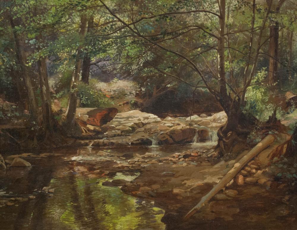 FOREST INTERIOR AND RIVER, OIL ON