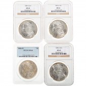 FOUR 1884-O MORGAN MS61-64 TON
