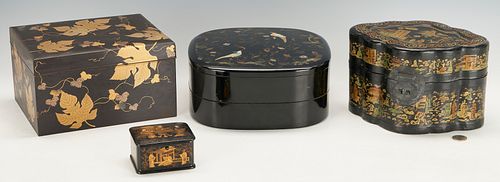 FOUR (4) ASIAN LACQUERED BOXES,