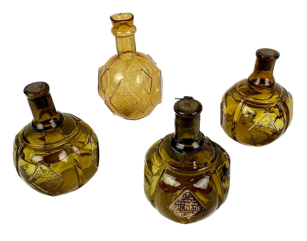 FOUR AMBER GLASS FIRE GRENADES 19TH