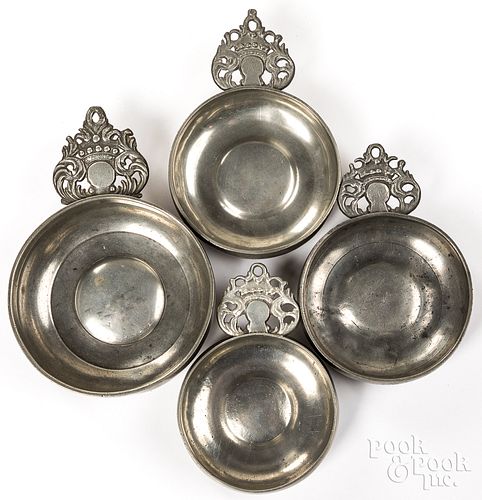 FOUR AMERICAN PEWTER PORRINGERS,