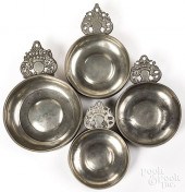 FOUR AMERICAN PEWTER PORRINGER