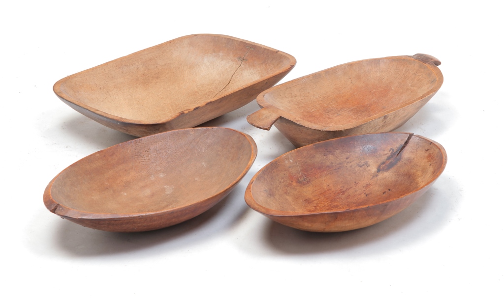 FOUR AMERICAN WOODEN TRENCHERS.