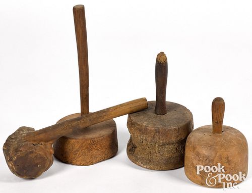 FOUR ANTIQUE BURL MALLETS,