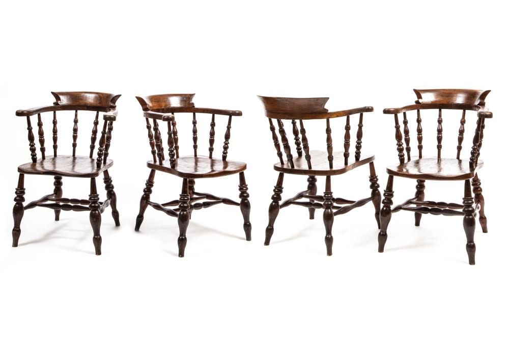 FOUR ANTIQUE ENGLISH CARVED ELM PUB