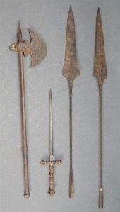 FOUR ANTIQUE-TYPE SWORDS AND S