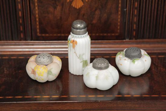 FOUR ART GLASS SHAKERS.