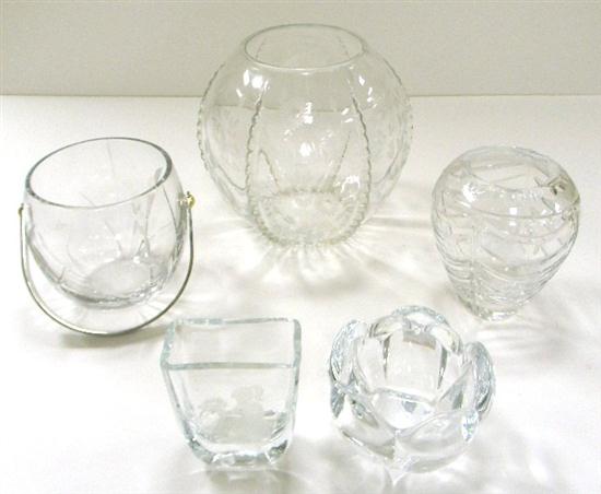 Four art glass vases and an ice