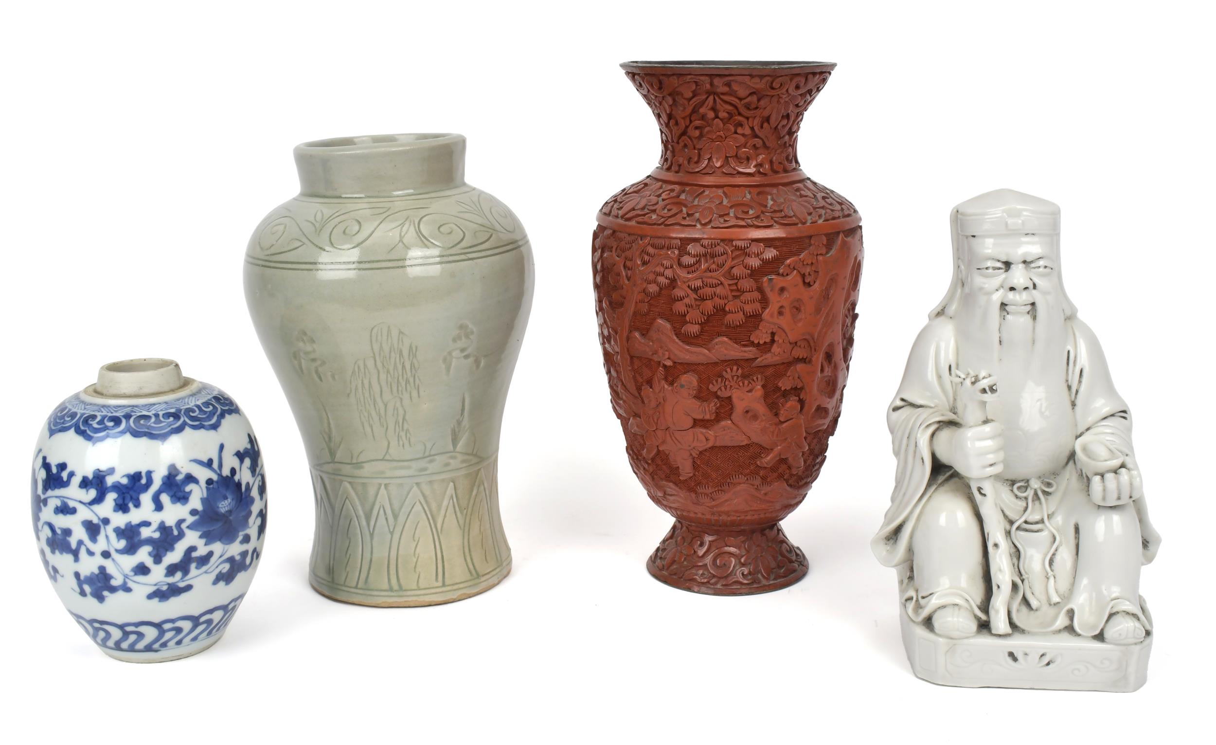 FOUR ASIAN PORCELAIN AND CINNABAR