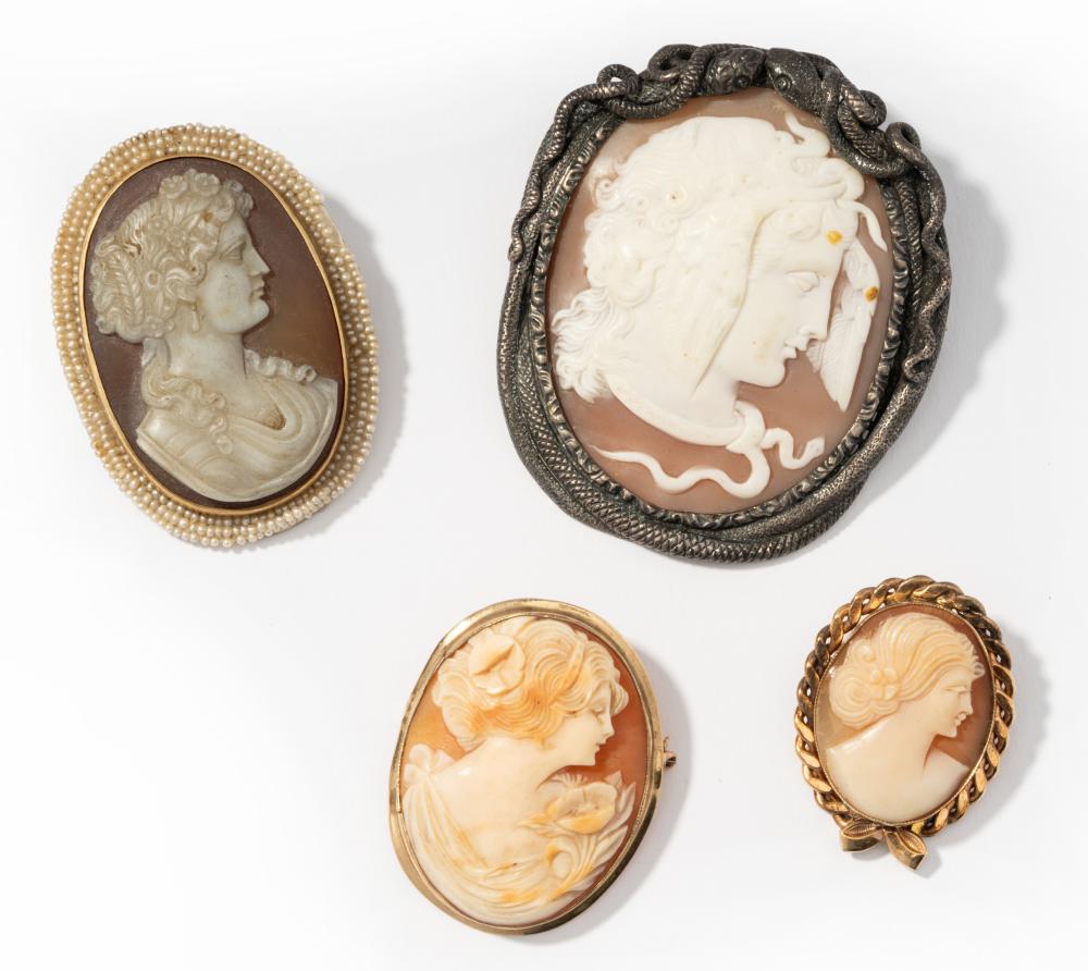 FOUR ASSORTED CAMEO BROOCHES AND