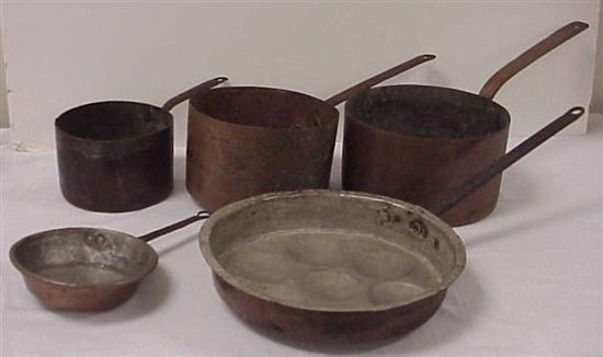 Four assorted copper pans  along