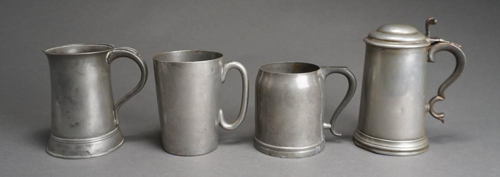 FOUR ASSORTED PEWTER BEAKERS,