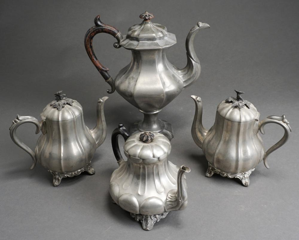 FOUR ASSORTED PEWTER TEAPOTS,