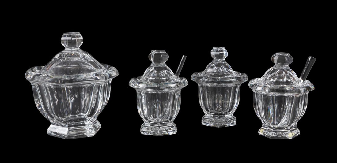 FOUR BACCARAT CRYSTAL LIDDED JARS