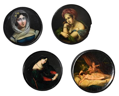 FOUR BLACK LACQUER PAINTED SNUFF