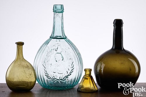 FOUR BLOWN GLASS BOTTLES, 19TH