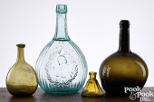 FOUR BLOWN GLASS BOTTLES, 19TH