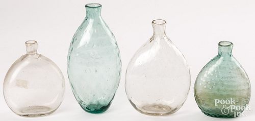 FOUR BLOWN GLASS FLASKS, 19TH